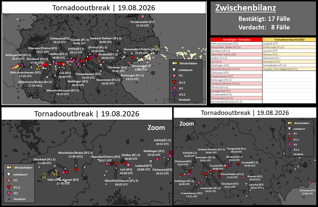 Abbildung 2: Übersicht zum Tornadoausbruch am 19.08.2026 in Deutschland © DWD / ESWD

Zoom
