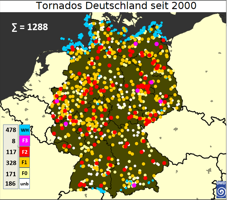 Abbildung 6: Tornados in Deutschland. Räumliche Verteilung der Fallzahlen zwischen 2000 und 2025 © DWD / ESWD